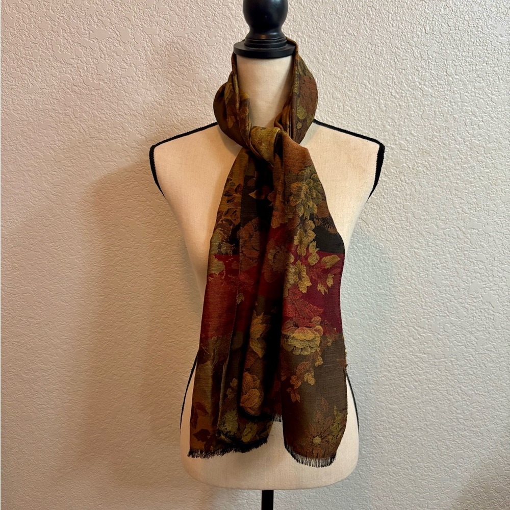 Floral Jacquard Oblong Scarf in Olive and Burgundy
